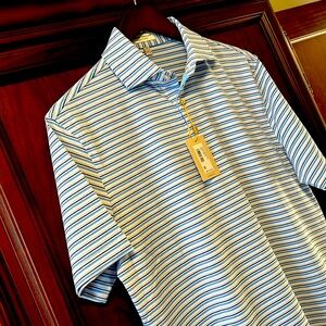 Brand New Peter Millar Blue & White Striped Crown Sport Performance Golf Polo!